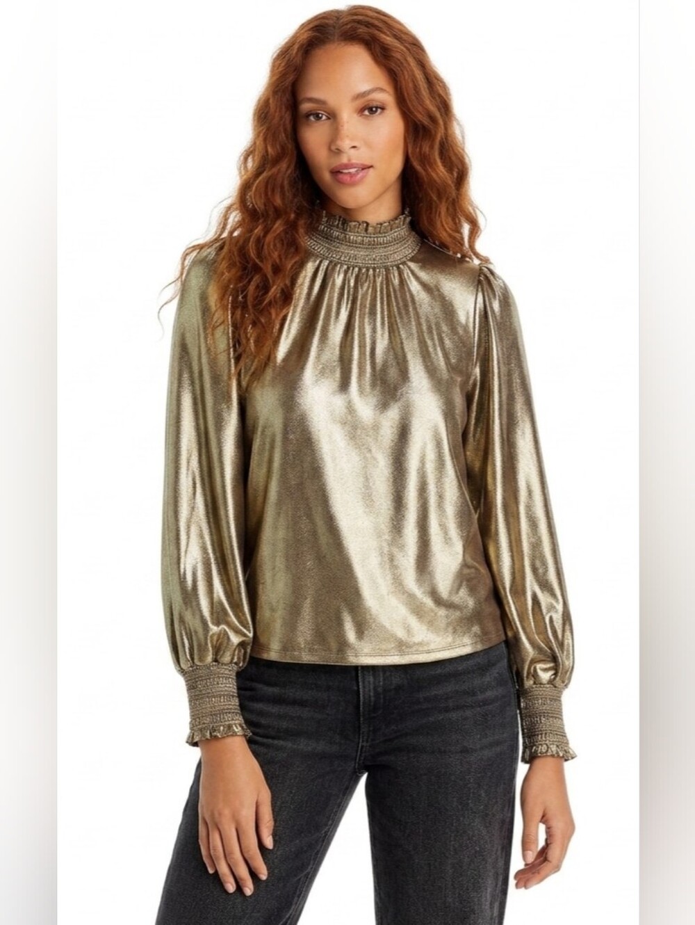 Karl Lagerfeld Paris Metallic Gold Smocked High-Neck Blouse Size M